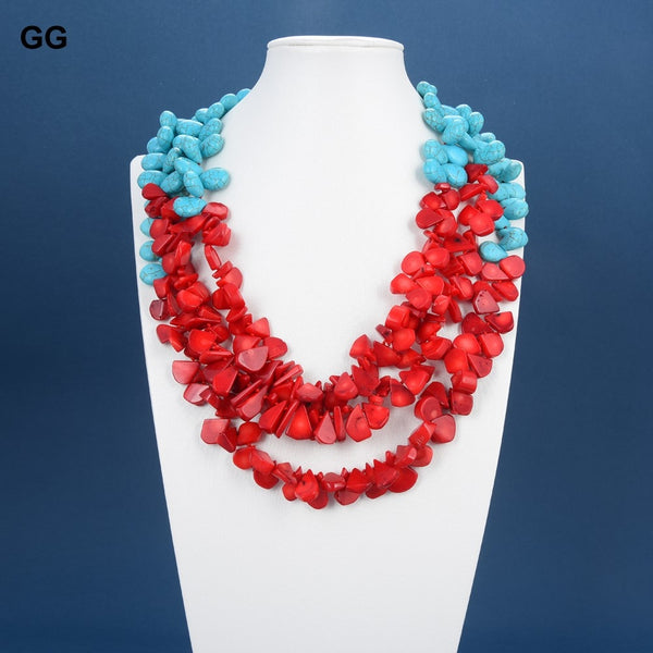 Jewelry 3Rows Natural Red Coral Blue Teardrop Turquoises Stone Necklace Handmade For Women
