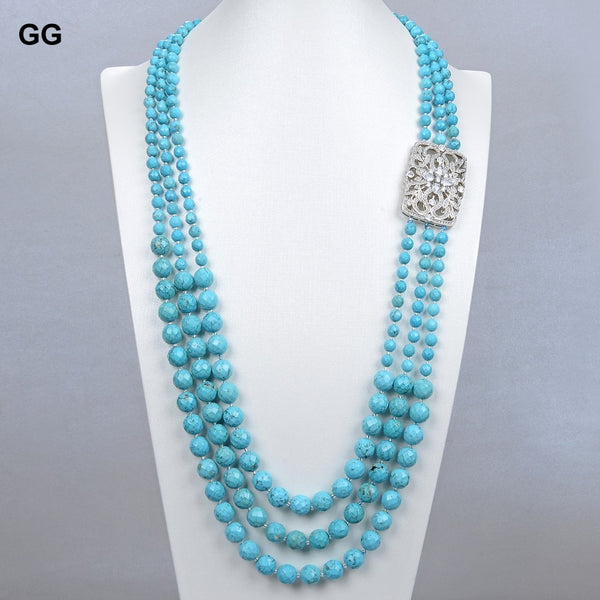 Jewelry Faceted Round Blue Turquoises Coat Chain Long Necklace Ethnical For Women