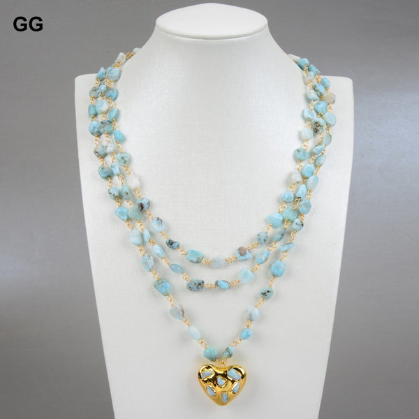 Jewelry 3Strands Natural Blue Larimars Rosary Chain Necklace Heart-Shaped Larimar Pendant Statement Necklace For Women