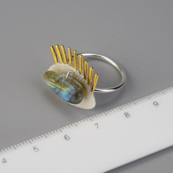 Real 925 Sterling Silver Natural Labradorite Fine  Jewelry Adjustable Ring Interesting Golden Eyelashes Ring for Women