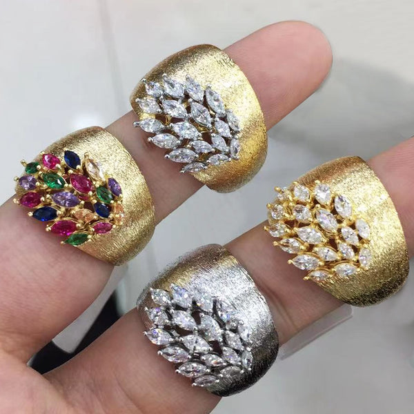 Luxury Feather Gold Bold Rings with Zirconia Stones 2022 Women Engagement Party Jewelry High Quality