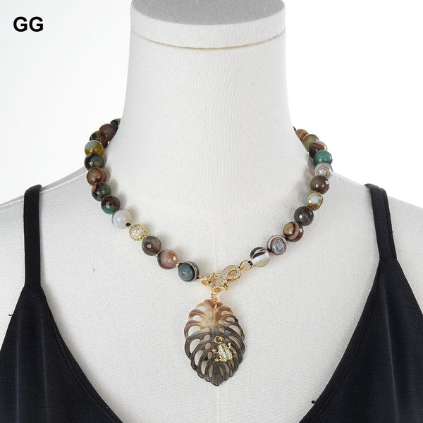 Jewelry Brown Green Faceted Agates Necklace Black Shell Carved Leaf Pendant Cz Pave Insect Handmade For Women