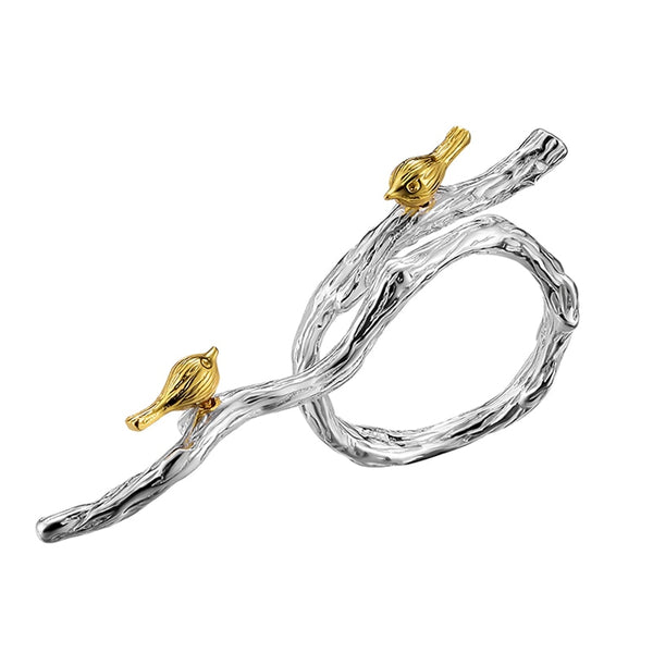 Real 925 Sterling Silver Original Handmade Fine Jewelry Adjustable Ring 18K Gold Bird on Branch Rings for Women Bijoux