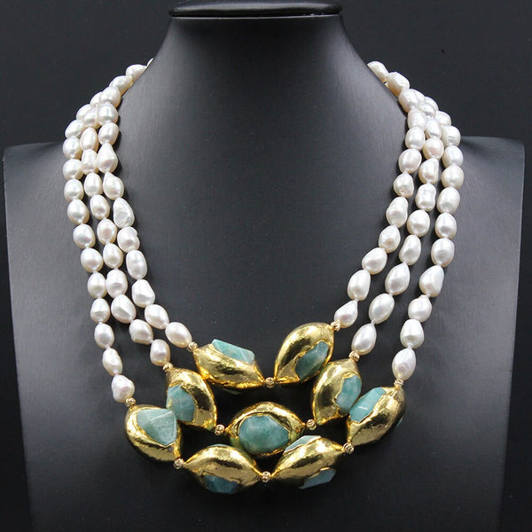 Jewelry 3 Rows Freshwater Cultured White Keshi Pearl Gold plated Amazonite Nugget Necklace For Women