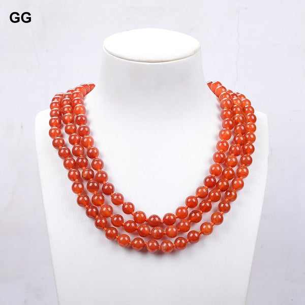 Jewelry 3 Strands Natural Round Red Carnelian Agates Necklace Cz Clasp For Women Lady Jewelry Gift