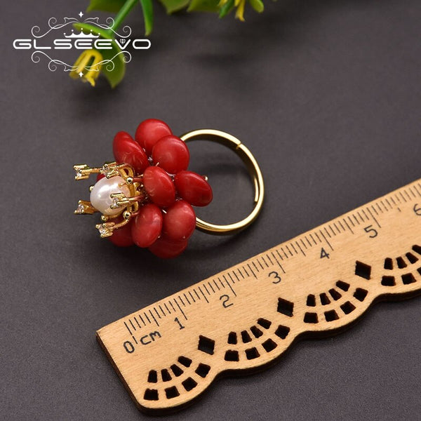 Natural Coral Flower Ring Adjustable Ladies Party Birthday Gift Handmade S925 Sterling Silver Fashion Jewelry  GR0280