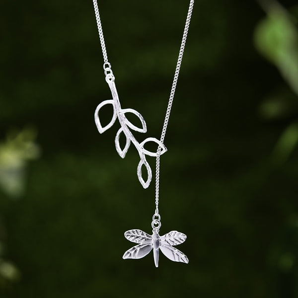 Silver Handmade Fine Jewelry Cute Dragonfly Leaves Necklace with Pendant Fashion for Women Collier
