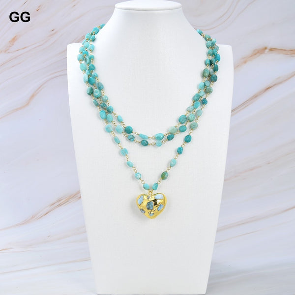 Jewelry 3 Strands Natural Peruvian Amazonite Chain Necklace Heart-Shaped Larimar Pendant statement necklace for women