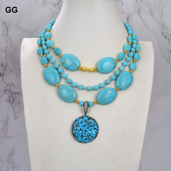 Jewelry 3 Strands Round Oval Blue Turquoise Necklace Turquoise Chips Pendant