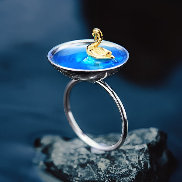 Real 925 Sterling Silver Fine Jewelry Natural Creative Handmade Designer Poetic Swan In The Sea Rings for Women Bijoux