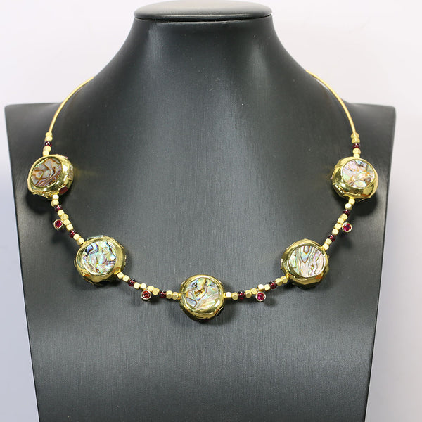 Jewelry Natural Paua Abalone Shell Gold Color Plated Beads Garnet Red CZ Charms Chokers Necklace Simple Jewelry Gifts