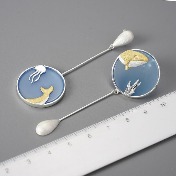 Agate Exclusive Gemstone Underwater World Whale Asymmetrical Long Drop Earrings for Women 925 Sterling Silver Jewelry