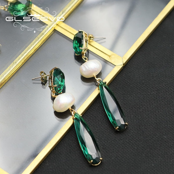 Emerald Water Drop Crystal Baroque Pearls Drop Earrings 2022 Korean Luxury High-end Design Women Jewelry