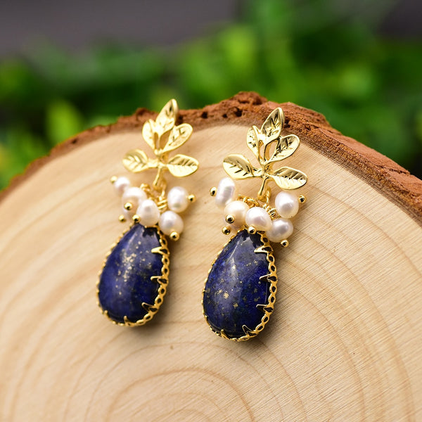 Natural lapis lazuli Pearl Temperament Drop Earrings Women Girls Party Gift Original Design Luxury Jewellery Gift GE0988
