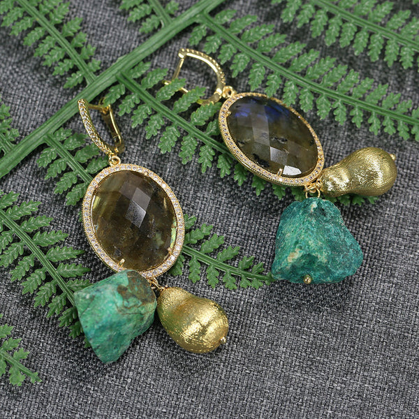 Jewelry Oval Faceted Labradorite Cz Paved Gold Color Plated Edge Malachite Rough Dangle Hook Earrings Lady Simple Gifts