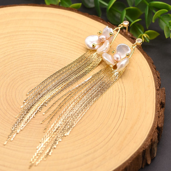 Natural Fresh Water Flower Long Tassel Charm Drop Earrings For Women Engagement Handmade Fine Luxury Jewellery GE0893