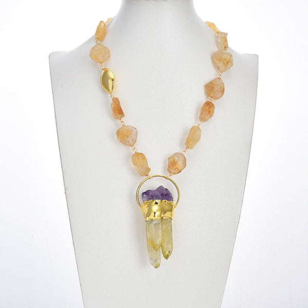 Jewelry Real Yellow Citrine Stone Freeform Rough Electroplated Edged Beads Necklace Lemon Quartz Amethyst Pendant