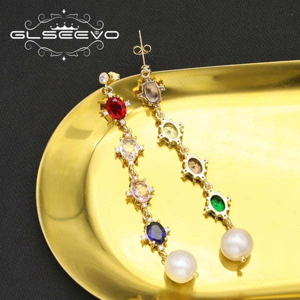 Silver Colorful Water Drop Pearl Woman Earrings Korea Metal Chain Exquisite Personality Temperament Banquet Jewelry