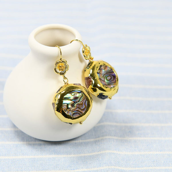 Jewelry Natural Multi Color Abalone Shell Tourmaline Rough Dangle Earrings Gold Plated Flower Hook