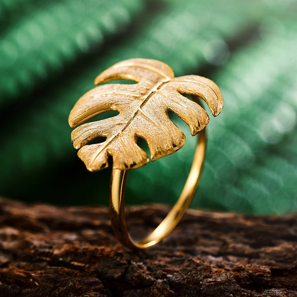 Real 925 Sterling Silver Natural Designer Fine Jewelry 18K Gold Monstera Leaves Ring Adjustable Rings for Women Bijoux