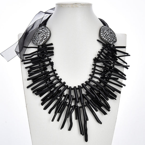 Jewelry 3 Rows Black Coral Branch Crystal Gunmetal Color Plated CZ Paved Connector Necklace Gifts For Lady