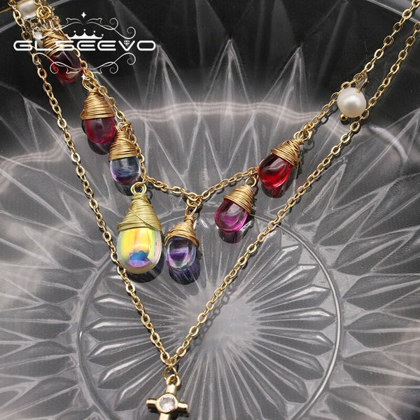 Natural Freshwater Pearls Shining Colorful Crystals Double Deck Chain Necklace For Woman Crucifix Designer Jewelry