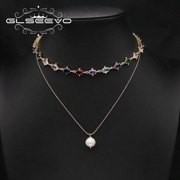 Shining Colorful Zircon Natural Freshwater Pearls Retro Luxury Women&#39;s Pendant Necklace Handmade Fine Jewelry Gifts GN04