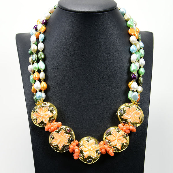 Jewelry Multi Color Keshi Pearl Necklace Orange Sea Shell Carved Flower Gold Paved Tourmaline Statement Necklace Lady Gifts