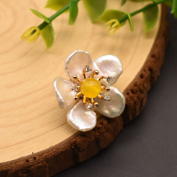 Yellow Zircon Flowers Natural Freshwater Pearls Earrings Necklace Ring Woman Trend Fine Luxury Jewelry Set Anniversary