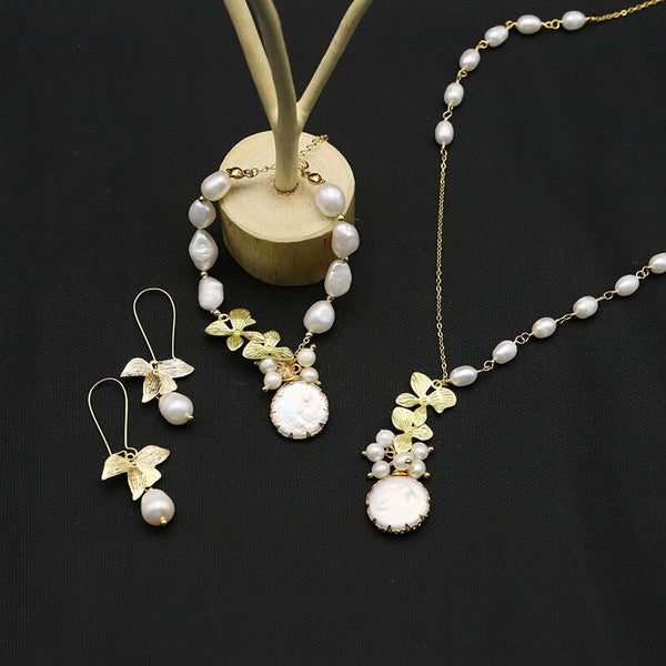 Maple leaves Natural Freshwater Baroque Pearl Necklace Earrings Bracelet Women Adjustable Luxury Fine Jewelry Set