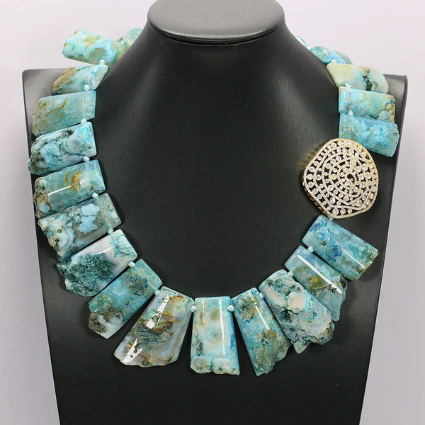 Jewelry Blue Agates Ocean Jasper Top-Drilled Real Gems Stone Nugget Coated CZ Connector Necklace Handmade For Women