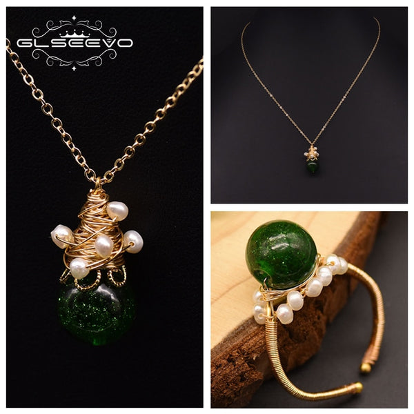 Natural Freshwater Pearl Ring Necklace Women Anniversary Gift Fashion Jewelry Green Agate Handmade Fine Jewelry GS0022