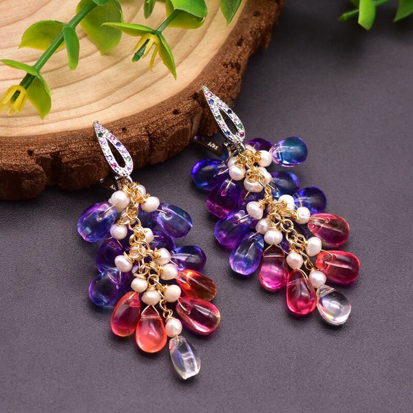 Sterling Silver Colorful Tassel Fresh Water Pearl Hoop Earrings Original Design Handmade Womans Luxe Jewelry GE0904
