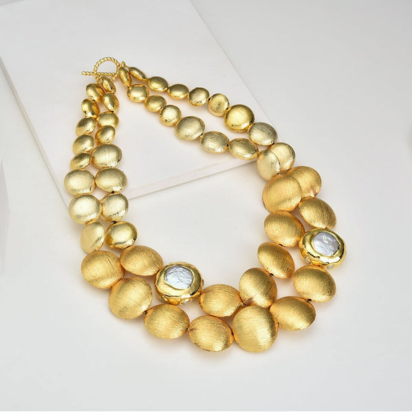 Jewelry 2 Rows Cultured White Coin Keshi Pearl 24K Gold color Plated Brushed Coin Beads Necklace Classic For Lady