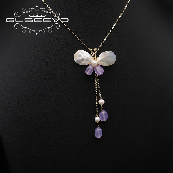 Natural Pearls Butterfly Pendant Amethyst Long Chains Women Necklace Elegant Charm Vintage Jewelry For Girls