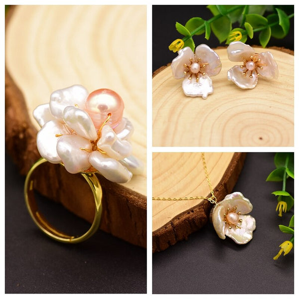 Pink Flower Plant Natural Freshwater Pearls Earring Ring Necklace Fine Valuable Luxury Fine Jewelry Set Bridal Gifts