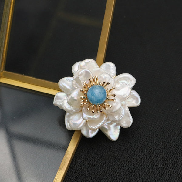 Sea Blue Flowers Natural Tahitian Baroque Pearls Woman Brooch Elegance Exquisite Art Romantic Luxury Jewelry Anniversary