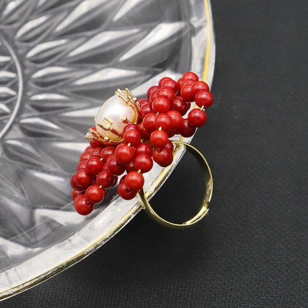 Double Red Coral Ring Zircon Natural Freshwater Pearls Luxury Fashion Personality Women Fine Jewelry Bridal Gifts GR0317