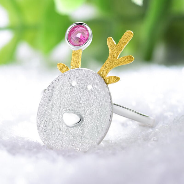 Real 925 Sterling Silver Natural Tourmaline Stone Handmade Fine Jewelry Christmas Joys Cute Reindeer Rings for Women