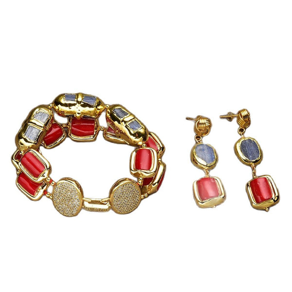 Jewelry Natural Blue Kyanite Red Coral  With Gold Plated Edge Beaded Bracelet Earrings Sets Handmade For Women Gifts