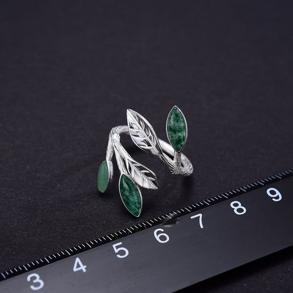 925 Sterling Silver Open Ring Natural Stone Handmade Design Fine Jewelry Spring in the Air Leaves Rings for Women