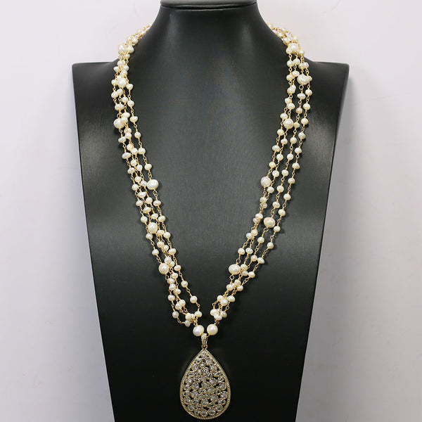 Jewelry 4 Strands White Pearl Chain Necklace CZ Crystal Gold Plated Connector Pendant Handmade For Women