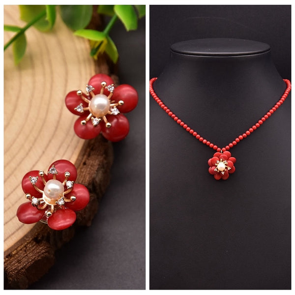 Red Coral Natural Pearls Fashion Accessories Set Fine Woman Ring Earrings Necklace Luxury Customized Jewelry Wedding