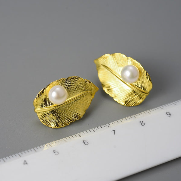 18K Gold Natural Pearl Unusual New Leaf  Stud Earrings for Women Original Real 925 Sterling Silver Trendy Jewelry 2022