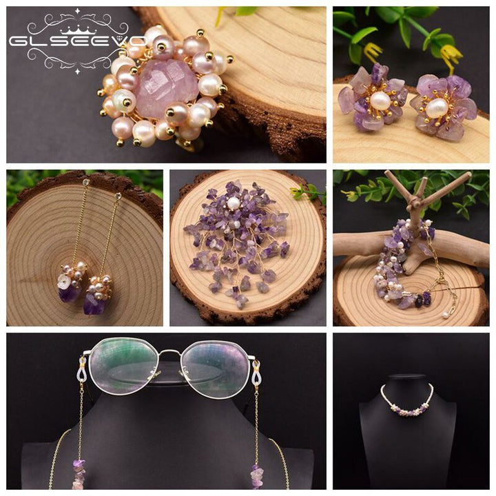 Amethyst Natural Pearls Brooch Earring Bracelet Necklace Women Luxury Jewelry Set French Fashion Romantic Accessories - LeisFita.com