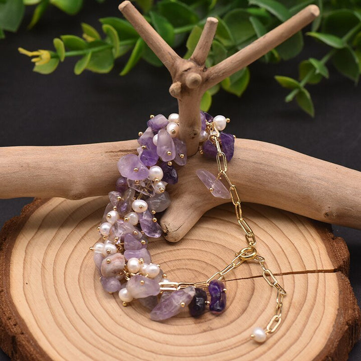 Amethyst Natural Pearls Brooch Earring Bracelet Necklace Women Luxury Jewelry Set French Fashion Romantic Accessories - LeisFita.com