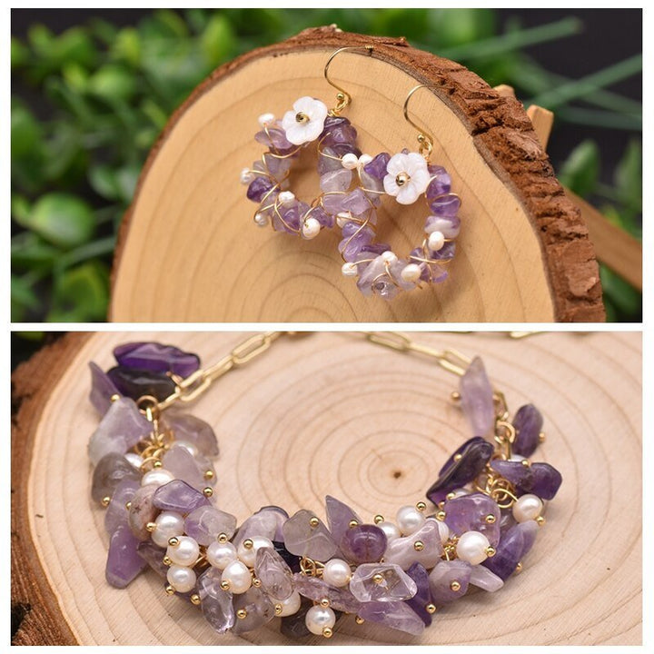 Amethyst Natural Pearls Brooch Earring Bracelet Necklace Women Luxury Jewelry Set French Fashion Romantic Accessories - LeisFita.com