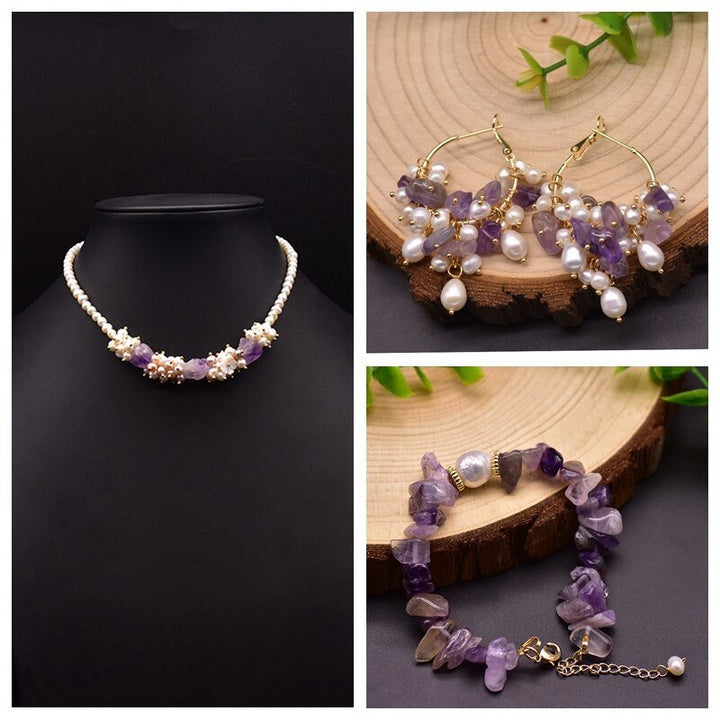 Amethyst Natural Pearls Brooch Earring Bracelet Necklace Women Luxury Jewelry Set French Fashion Romantic Accessories - LeisFita.com