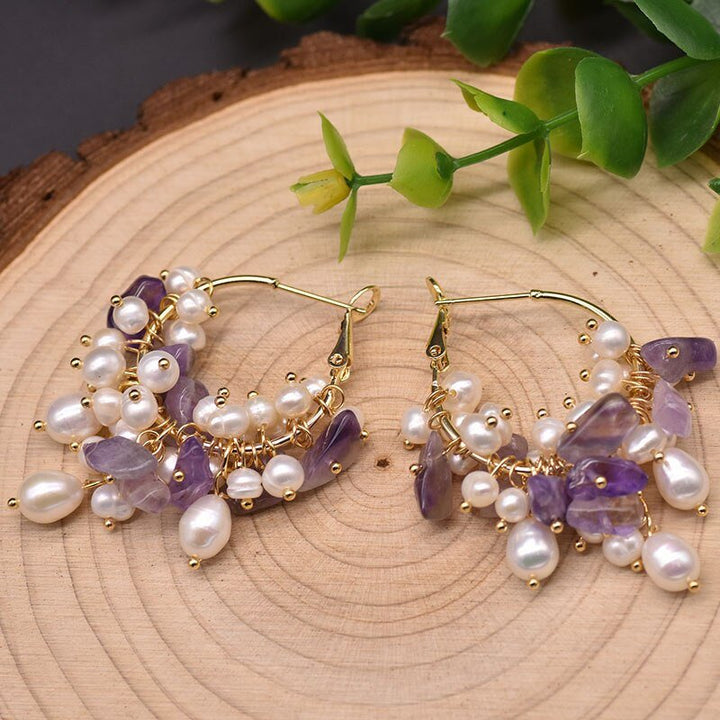 Amethyst Natural Pearls Brooch Earring Bracelet Necklace Women Luxury Jewelry Set French Fashion Romantic Accessories - LeisFita.com