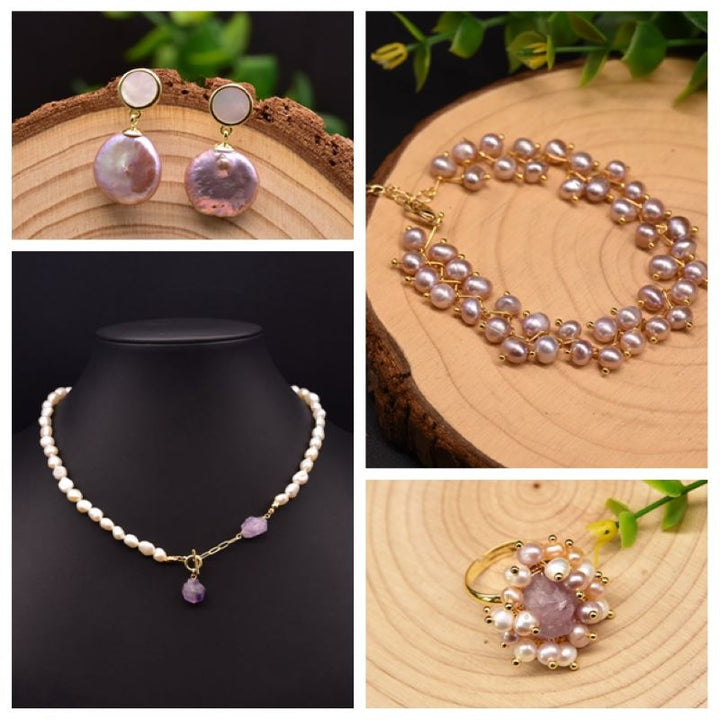 Amethyst Natural Pearls Brooch Earring Bracelet Necklace Women Luxury Jewelry Set French Fashion Romantic Accessories - LeisFita.com